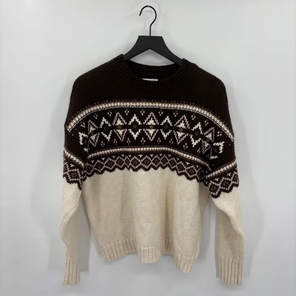 American Eagle Womens Fair Isle Crewneck Sweater Small Brown Cream Oversize Cozy